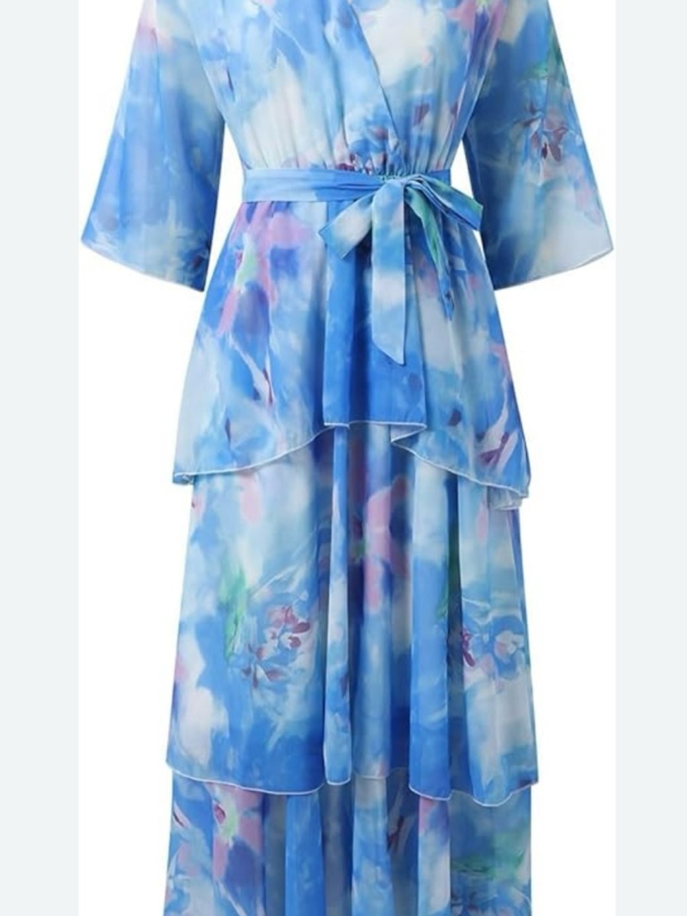 Floral Tiered Maxi Dress with Breezy Cut-Out Sleeves and Elegant V-Neck Size L